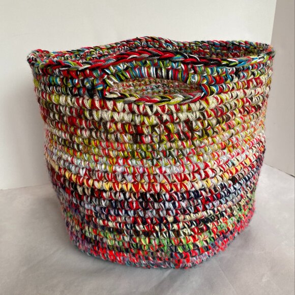 Hand Crochet Multicolor Double Handle Scrap Yarn Storage Basket 12"x13" - Picture 1 of 6